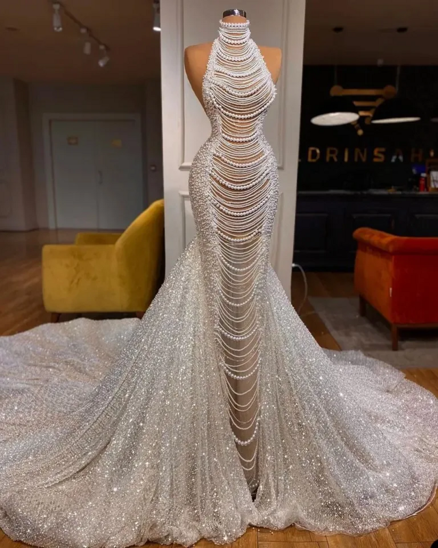 P366 maßge schneiderte Hochzeits kleid luxuriös mit Perlen Dubai funkeln Meerjungfrau ärmellose High Neck Frauen Brautkleider Braut Roben