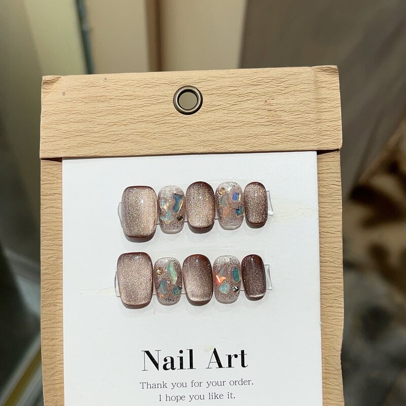 10Pcs Maillard Style Handmade Press On Nails Short Square Fake Nail Full Cover Gradient Glossy Wearable Artificial False Nails