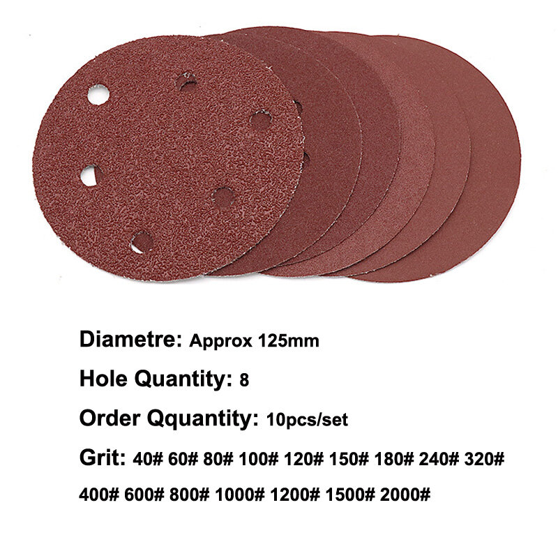 Round Sanding Discs Sanding Sandpaper Set 10pcs Tools 125mm 8 Hole Aluminum Oxide Discs Equipment Grit 40-2000#