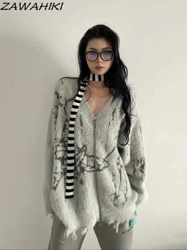 ZAWAHIKI Cardigan Women Fall Winter V-neck Loose Casual Zipper Deigned Print Chic Knitted Sweater Casual Vintage Fashion Tops