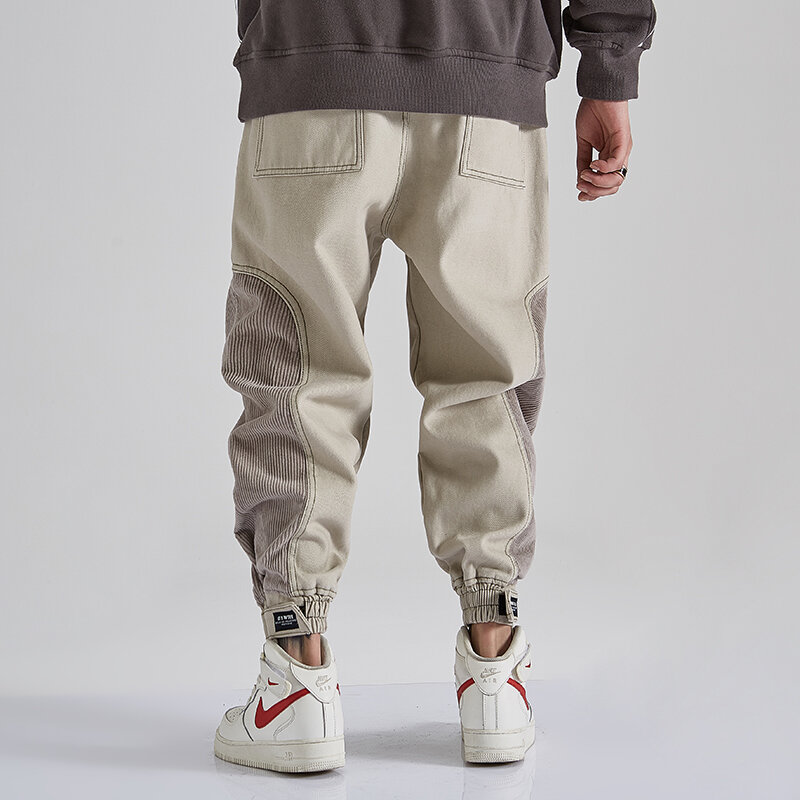 Sztruksowe patchworkowe spodnie dorywczo hip-hopowe spodnie Cargo męskie ubrania Streetwear koreańskie biegaczy Harajuku modne spodnie dresowe męskie