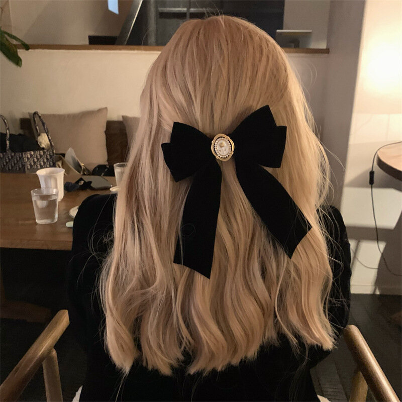 Neue Schwarz Samt Bogen Haar Pins Elegante Stoff Legierung Rosen Haar Clips für Frauen Mode pferdeschwanz Haarspange Heawear Zubehör