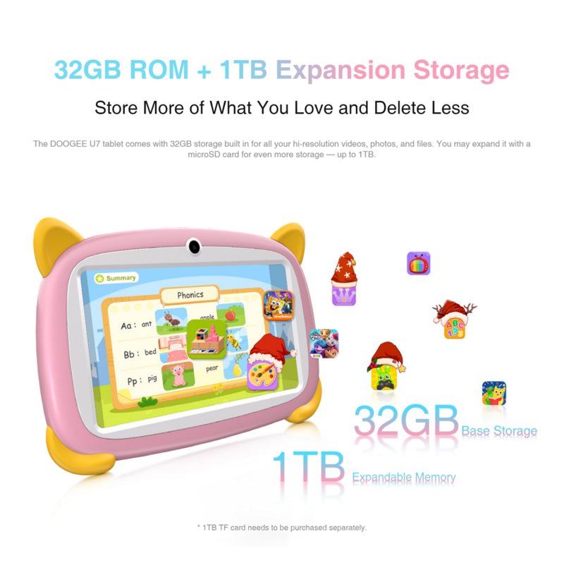DOOGEE U7 어린이용 태블릿 PC, 7 인치, IPS TUV 인증 디스플레이, 4GB(2 + 2), 32GB, Ouad 코어, 1.3GHz, 3400mAh