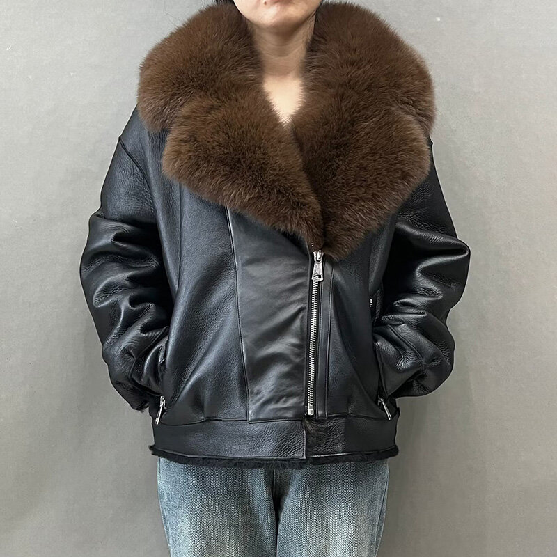 Jaqueta de couro genuíno para senhoras casacos de pele de carneiro gola de pele de raposa moda luxuosa, inverno, 2023