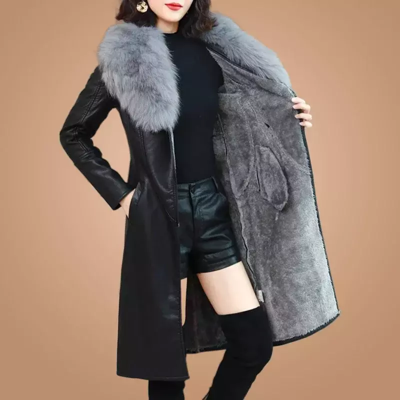 WTEMPO Large Fur Collar Winter Leather Jacket Women Plush Thickened Mid Length Korean Slimming Waist Closing Leather Jacket