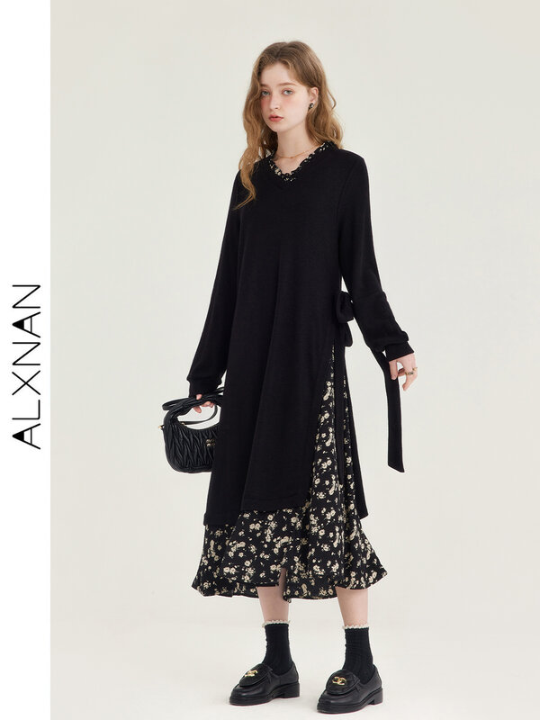 ALXNAN Elegant Floral Dress Women's 2024 Spring Temperament V-neck Loose Slim Long-sleeved Fake Two-piece Knitted Dress T01001