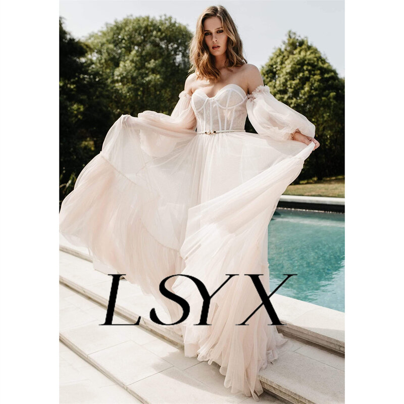 LSYX-فستان زفاف تول مكشوف الكتفين للنساء ، ثوب تول ، دانتيل خلفي ، حرف A ، طول الكلمة ، مخصص ، وهم