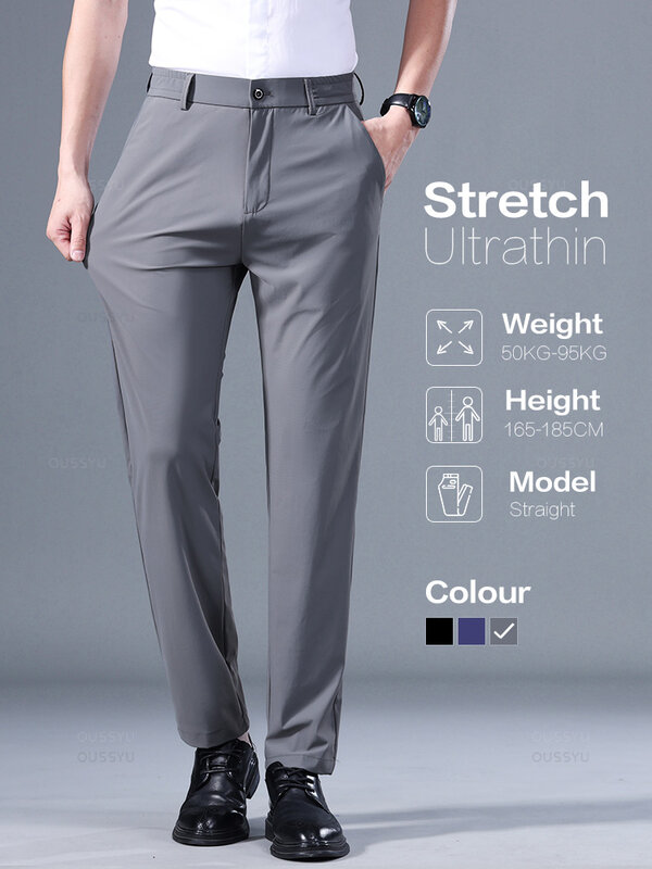 Summer Good Stretch Smooth Trousers Men Business Elastic Waist Korean Classic Thin Black Gray Blue Casual Suit Pants Male Brand