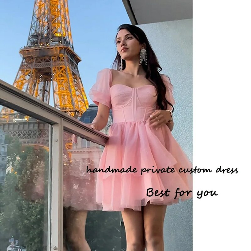 Baby Pink Short Prom Dresses Short Sleeve Sweetheart Tulle Fairy Party Dress Above Knee Teens Homecoming Gowns
