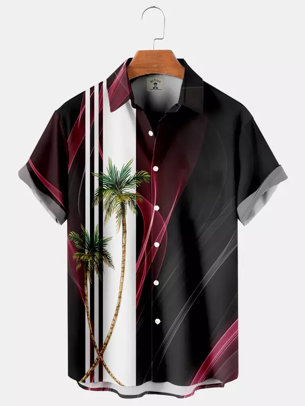 남성용 반팔 셔츠, 코코넛 트리 프린트 스트리머, 하와이안 라펠 탑, 편안한 라지 사이즈