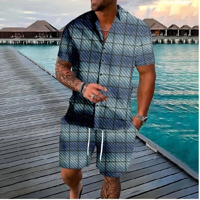 Гавайская решетка панк рубашка на пуговицах шорты спортивные костюмы цветные костюмы уличная одежда хипстерская Повседневная пляжная мужская одежда