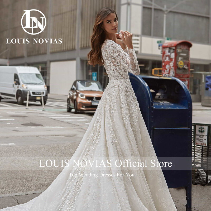 LOUIS NOVIAS gaun pernikahan lengan panjang, gaun pernikahan lengan panjang model A-Line 2024, Gaun kereta api kuas manik-manik ilusi berpayet