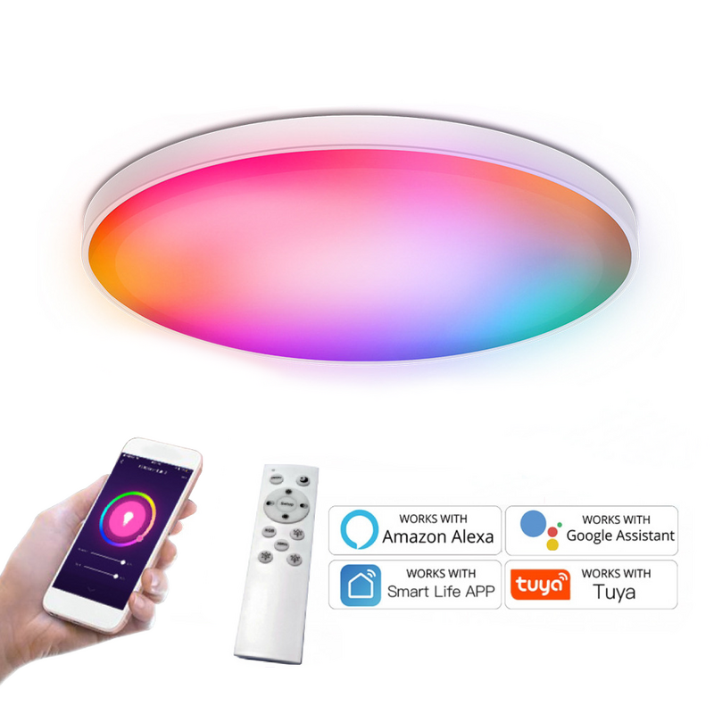 Tuya WiFi Luzes de teto LED inteligentes, Lâmpadas de teto RGB reguláveis, Lâmpada Redonda para Quarto, Living Home, Alexa, Google, 110V-240V