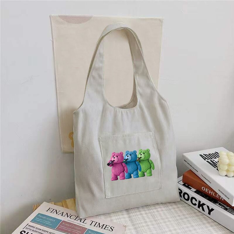 Shopping Bag pieghevole studente borsa a tracolla in tela orso stampato borsa Shopper da donna borsa da viaggio borsa da lavoro Organizer