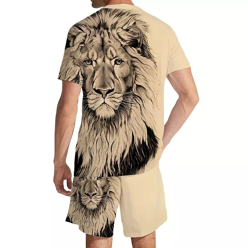 Conjunto de camiseta e shorts com estampa de leão 3D masculino, roupas gráficas grandes, estilo de rua, legal, esportes, fitness, verão, tamanhos grandes, 2 peças