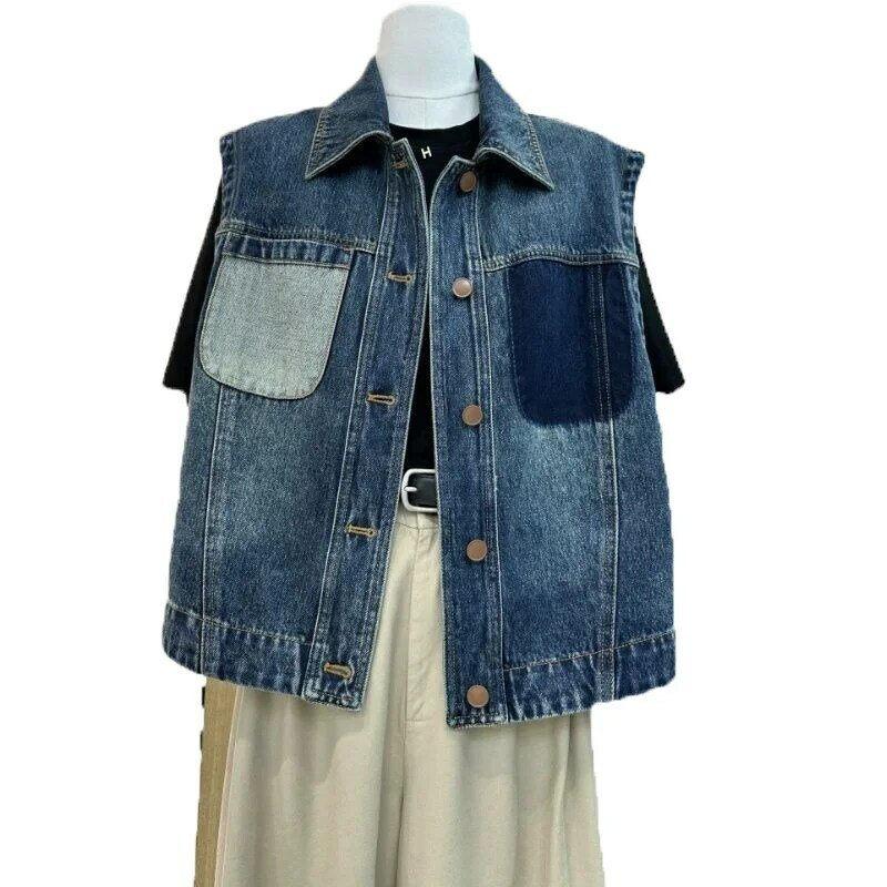 Colete jeans de cor contrastante feminina, moda vintage, tops de casacos coreanos, moda casual, colete, roupas de mulher, 2021