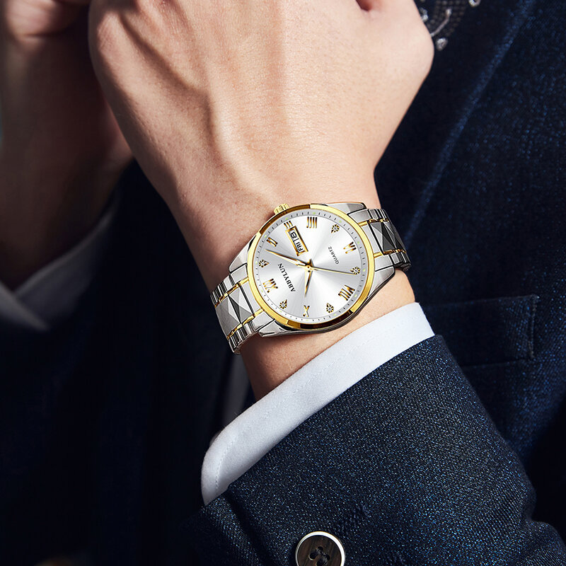 ABBYLUN 985 męski zegarek kwarcowy modny wypoczynek prosty diamentowy randka ze stalowy pasek nierdzewnej zegarki na męski zegar Brithday prezent