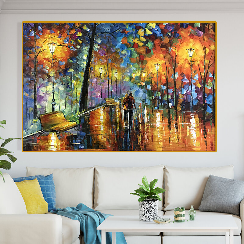 Большая картина ручной работы с изображением семьи дождя улицы деревьев пейзажа акриловой масляной живописи на холсте искусство на стену к...