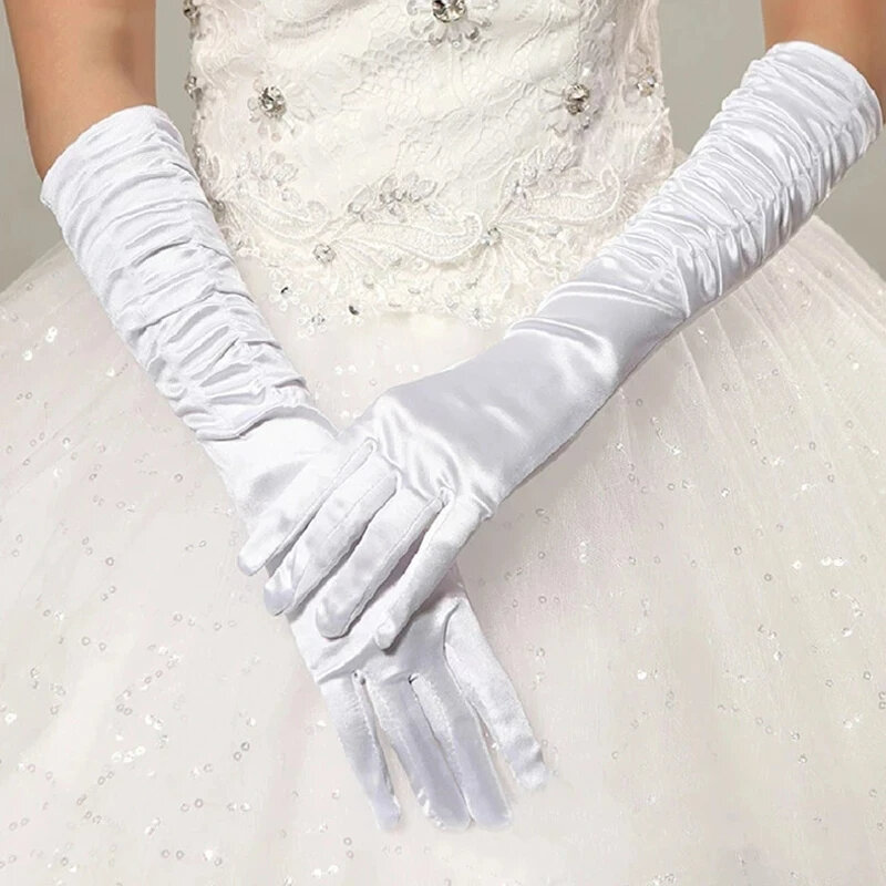 Neue rot weiße Ellenbogen länge geraffte volle Finger Braut handschuhe für Frauen lange Satin handschuhe dehnbare 1920s Ellbogen handschuhe