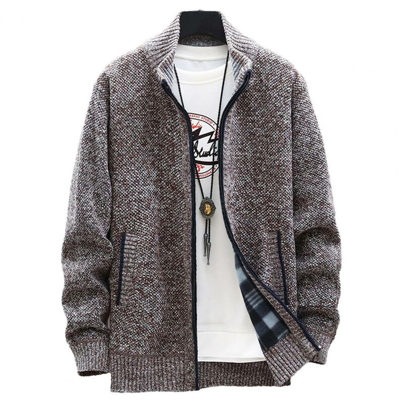 Men Winter Coat Knitted Stand Collar Long Sleeve Thick Warm Zipper Closure Pockets Elastic Men Jacket Sweater Coat
