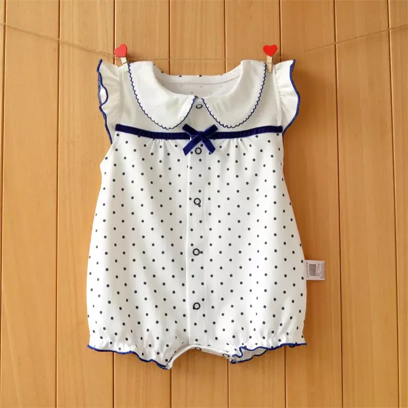 Polka Dot macacão impressão das meninas do bebê, roupas de verão, manga curta, algodão bonito, Boutique Onesie, 2022