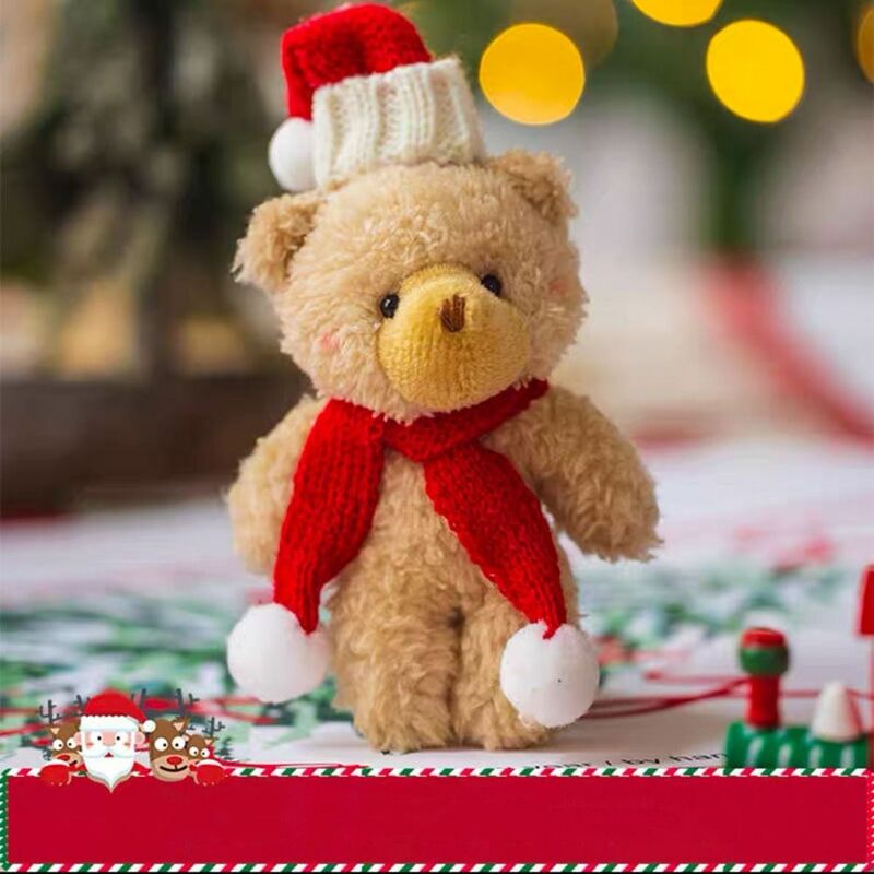 Christmas Cute Curly Brown Bear Doll Scarf Blush Bear Cartoon Handheld DIY Brown White Hat Bear Christmas Bear Pendant Decor