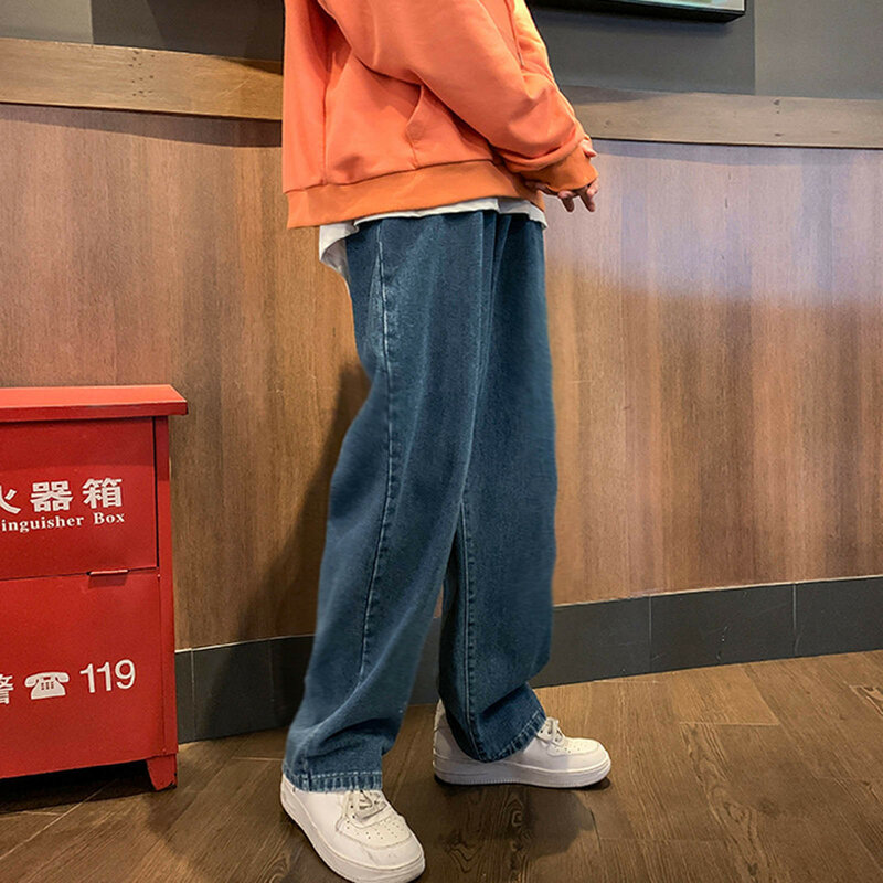 Męska moda codzienna Plus rozmiar luźna jeansy z elastyczną talią uliczna wszechstronna spodnie z szerokimi nogawkami spodnie dżinsowe