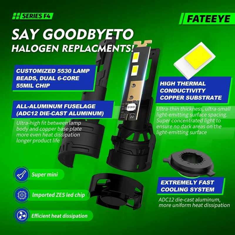 Fateeye-F4 H4 LED 차량용 헤드라이트, H7 LED H1 H11 9005 9006 HB3 HB4 6500K 60W 13000LM 12V LED 자동 헤드램프 안개등 전구