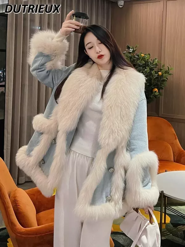 Denim Faux Fur Splicing Coat Women's Environmental Protection Imitation Fox Fur Winter Western Style High-End Mid-Length Clothes