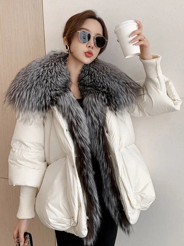 여성용 진짜 여우 모피 칼라 겨울 코트, 두껍고 따뜻한 니트 슬리브, 90% 화이트 덕 다운 재킷, 패션 푸퍼 외투, 여성 재킷