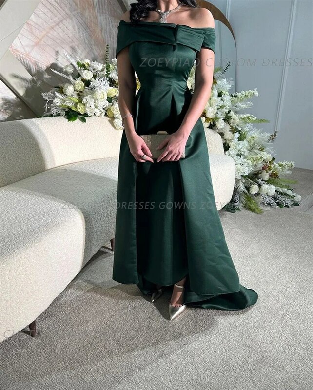 Dark Green Satin Arabic Evening Dress Off Shoulder Short Sleeves Formal High/Low Carpet Celebrity Gowns Dresses For Women