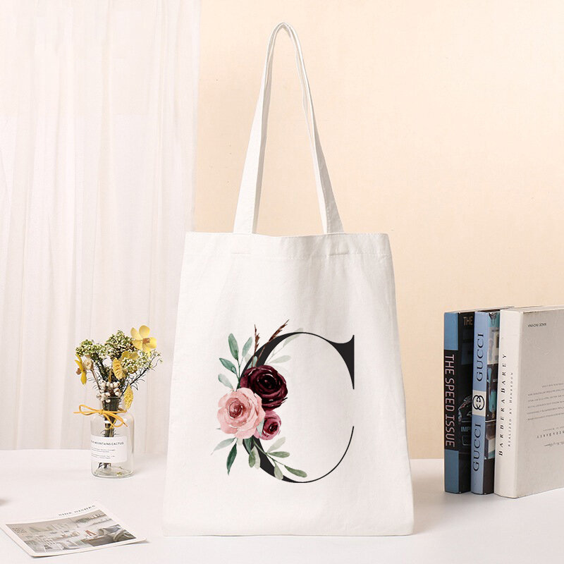 Kwiat list A-Z drukuj torba na ramię kobieta modna torba na ramię biała duża pojemność torby płócienne dzikie torby podróżne damskie torby na zakupy
