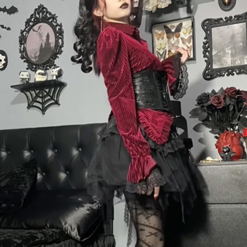 Goth Dark Элегантные Бархатные полосатые готические винтажные блузки с оборками и подолом, тонкие женские рубашки на пуговицах, осенняя модная одежда с длинным рукавом