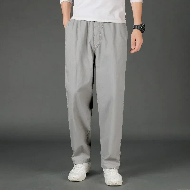Spring Autumn Men's Pockets Elastic High Waisted Solid Casual Loose Work Uniform Straight Leg Trousers Office Lady Vintage Pants