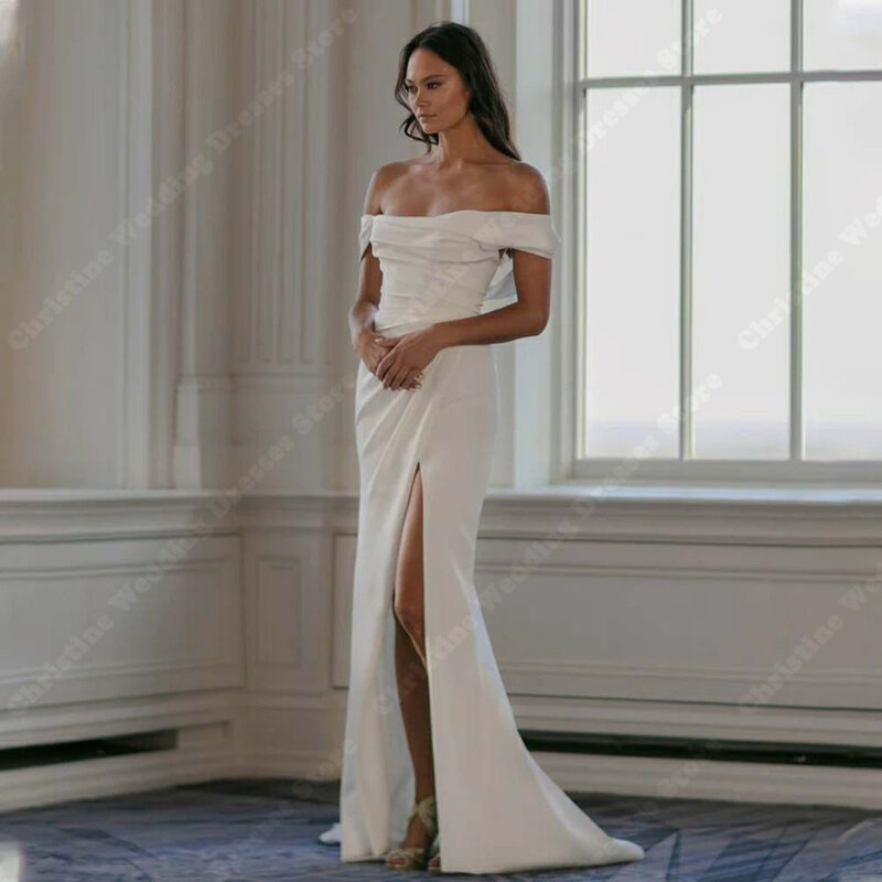 Off Shoulder High Split Wedding Dresses Elegant Minimalist Mermaid Bridal Gowns  Custom Made Classic Tight Fit Vestido De Noiva