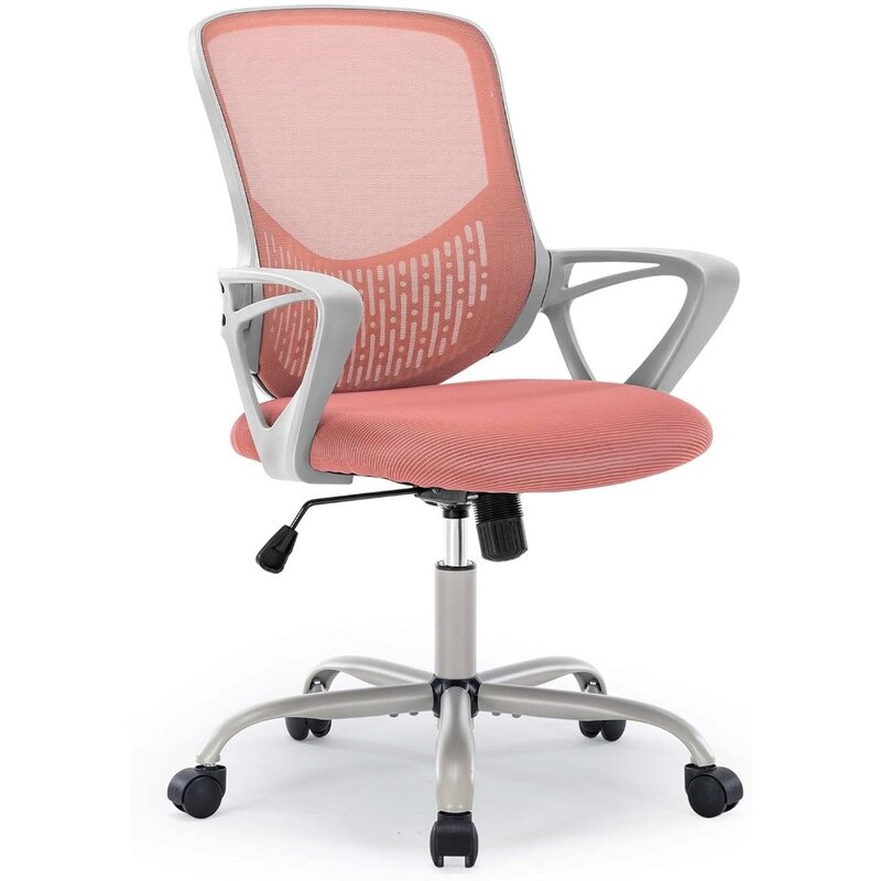 JHK sandaran tangan tetap jaring, kursi komputer eksekutif dengan bantal kursi busa empuk dan penyangga pinggang, merah muda