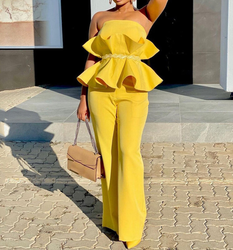 Long Pants Set 2023 Solid Color Strapless Elegant Wide Leg Pants with Ruffled Edges Personalized and Comfortable Casual Set
