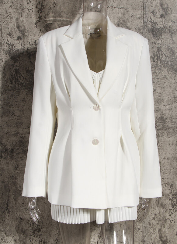 เสื้อสูทเบลเซอร์สีขาวมีเข็มขัดสำหรับผู้หญิงเสื้อโค้ทสไตล์สาวออฟฟิศแบบกระดุมแถวเดียว