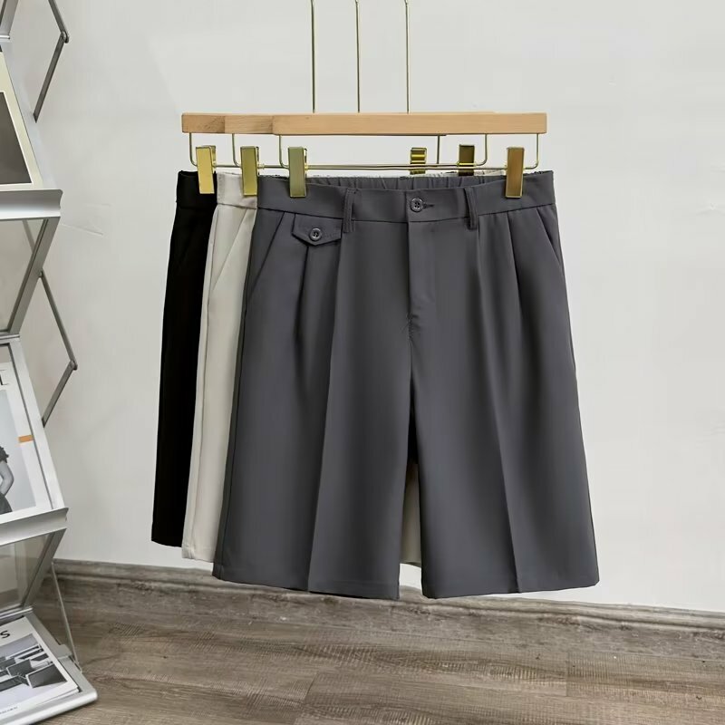 Pantaloncini Casual da lavoro da uomo sottili estivi moda giapponese drappo nero bianco grigio elastico dritto al ginocchio pantaloni