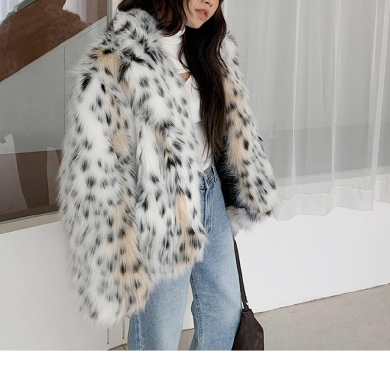 Chaqueta de piel peluda con cuello con muescas para mujer, abrigo corto de piel sintética de leopardo y gato, manga larga, Invierno