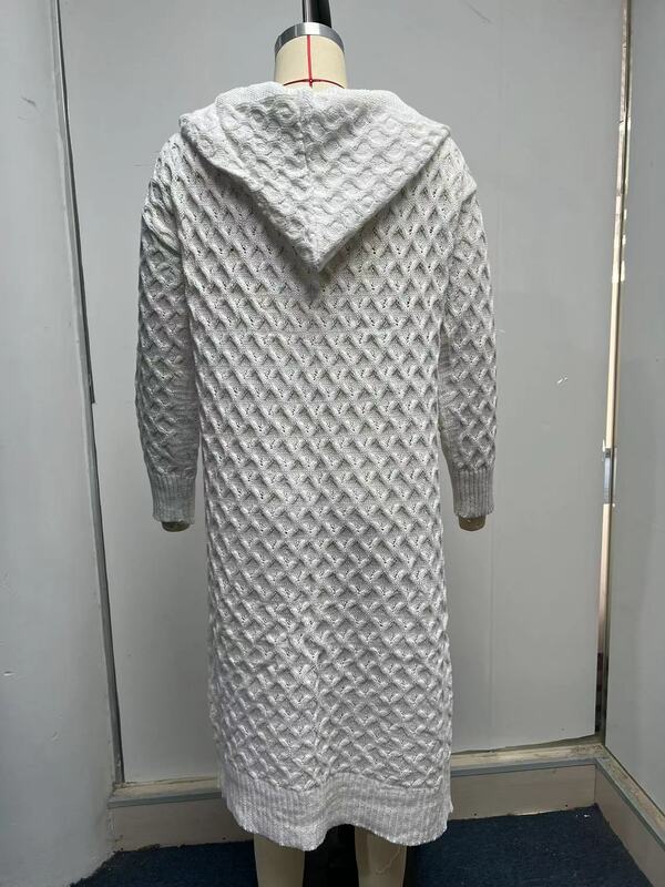 Cappotto autunnale e invernale per donna 2023 moda nuova giacca Cardigan con cappuccio maglione lavorato a maglia lungo tinta unita