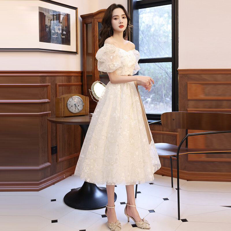 Kaszmirowa biała dziewczyna wieczorowa sukienka bufiaste rękawy elegancka sukienka w połowie długości bankietowa Celebrity Temperament Host Dress