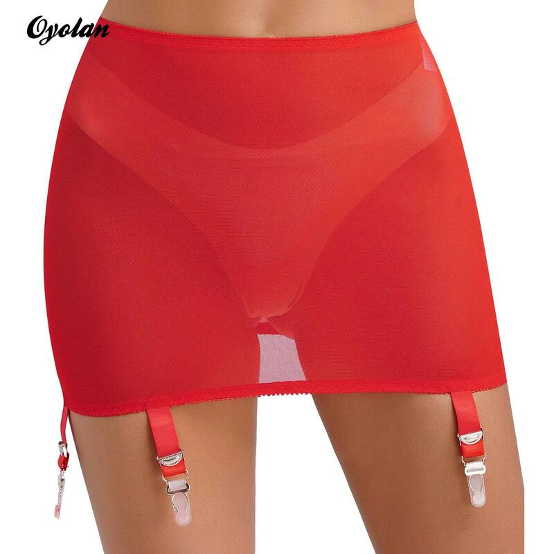 Womens See Through Mini Skirt Clubwear Elastic Waistband Garter Belt 6 Adjustable Straps with Clips High Waist Mesh Skirt