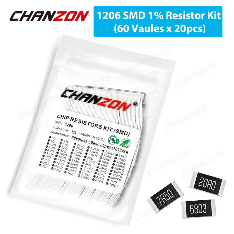High Precision Film Chip Resistência Kit, Assorted Set, SMD 1206 Resistores, 0ohm-10m Ohm, 1 4W, 1%, 60 Valores x 20Pcs, 1200 Pcs