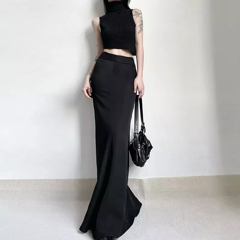 Vestido de cintura alta con cola de pez, falda larga negra, media falda Sexy envuelta en la cadera, vestido de un solo paso, Primavera/Verano, nuevo, 2024
