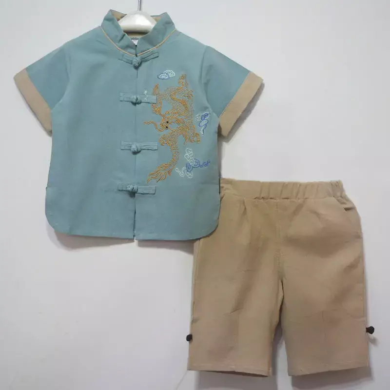 15 neue Sommer chinesische traditionelle Jungen Tang Anzug lässig Baumwolle Leinen Kurzarm Hemd Hose zweiteiligen Kinder Hanfu Anzug