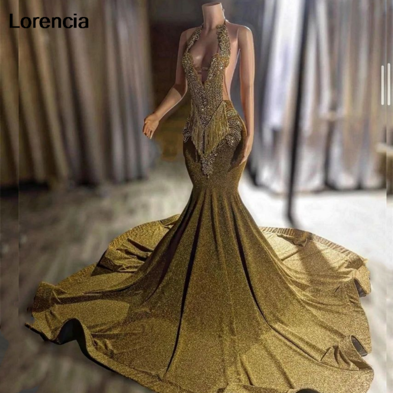 Lorencia Sparkly Gold Sequins Mermaid Prom Dress For Black Girl 2024 Diamond Crystal Birthday Party Gown Robe De Soiree YPD48