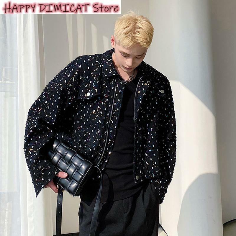 Men's Casual Turn-down Collar Coat Personality Embroidery Sequin Short Jacket Trend Korean Lapel Autumn