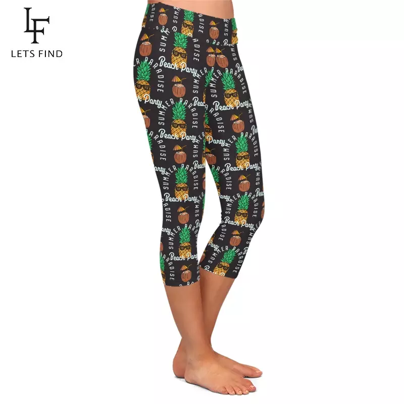 LETSFIND-Leggings Capri de cintura alta para mulheres, estampa de abacaxi e coco, fitness stretch, meia panturrilha 3/4, moda, verão