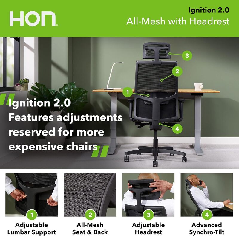 HON Ignition-silla de trabajo ergonómica, sillón de malla/tela con respaldo medio, color negro, 2,0